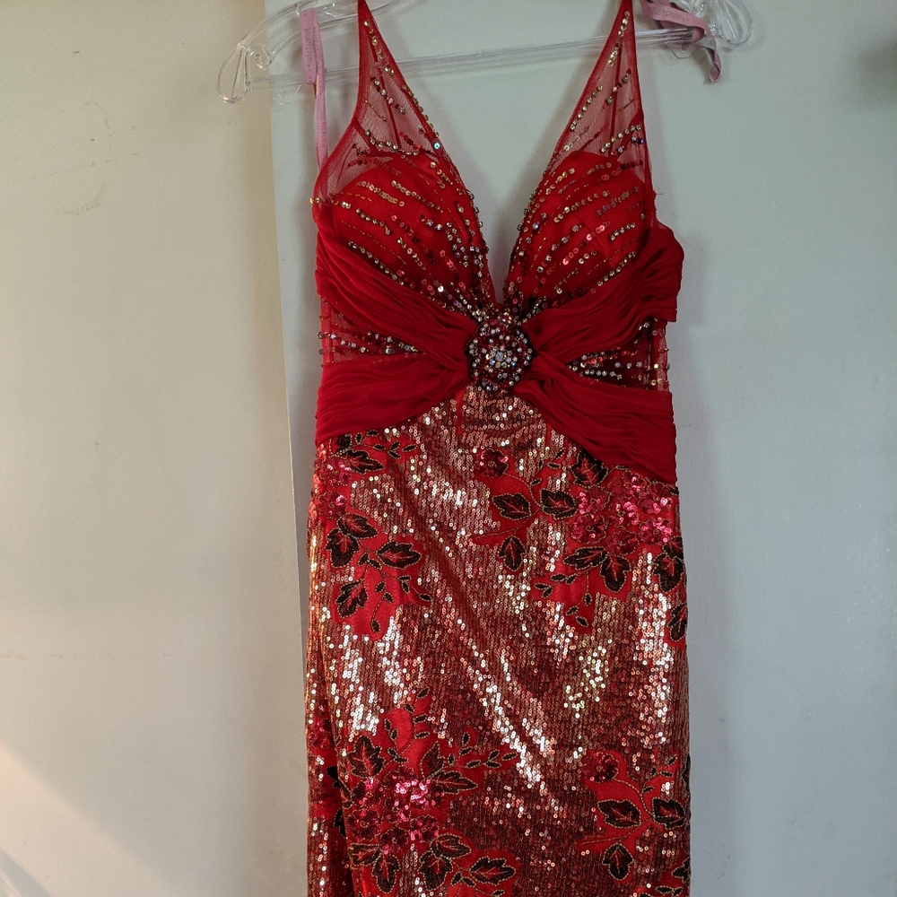 Red and Gold Beaded Sequin Formal Gown Dress